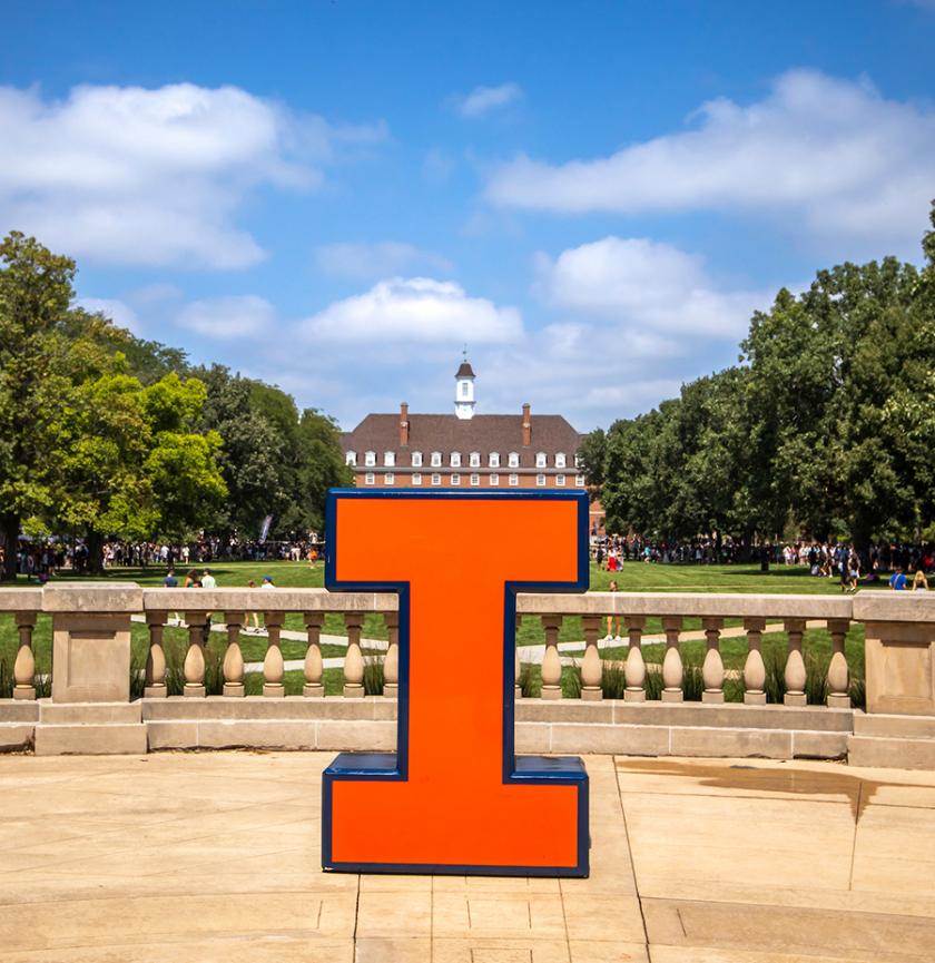 block I on the quad with Illini Union in background